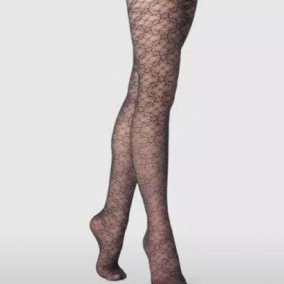 New Retro Vintage Boho a.new.day Black Floral Twist Fashion Tights  L/XL